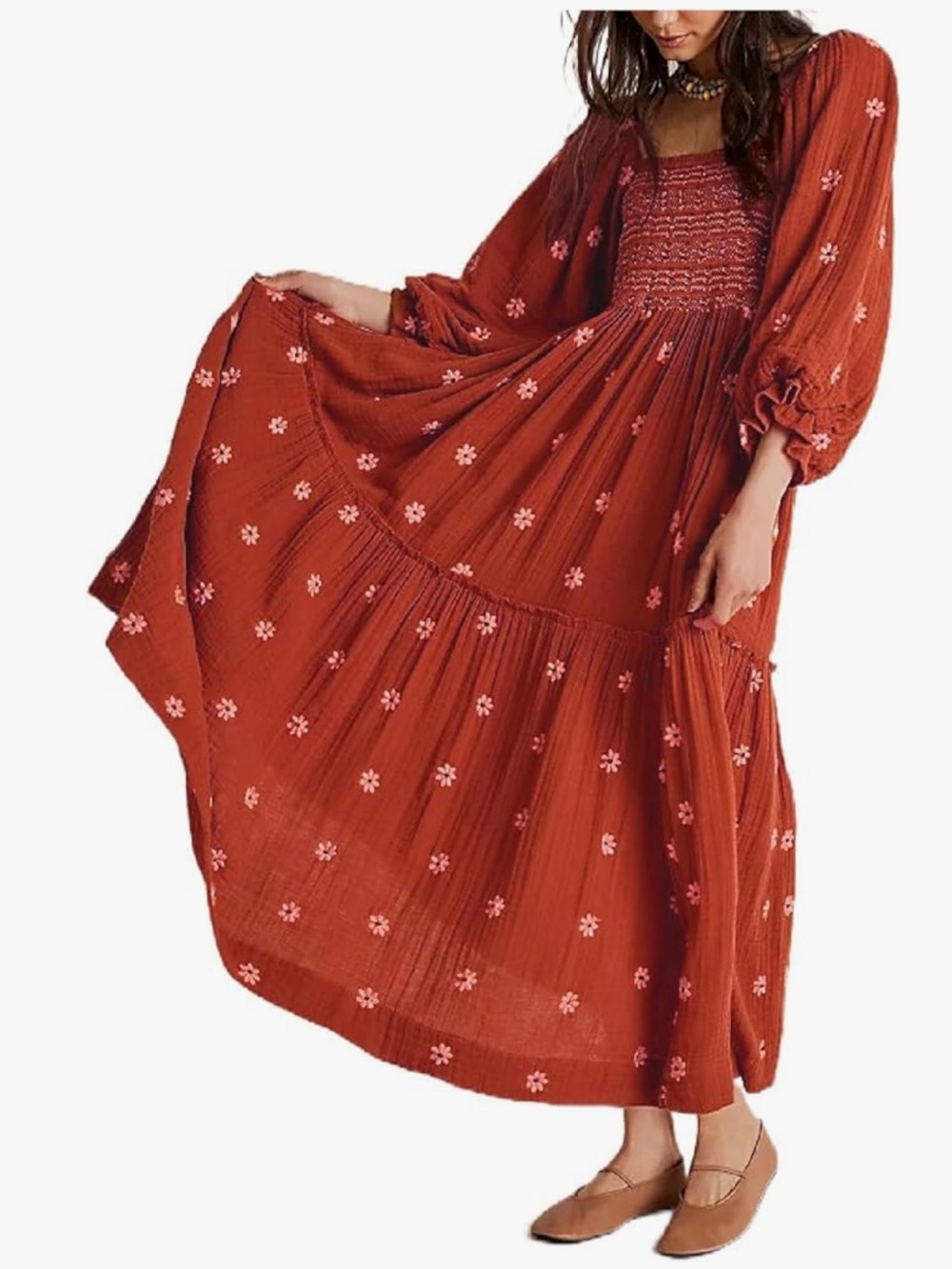 Rust Red Embroidered Puff-Sleeve Midi Dress size S